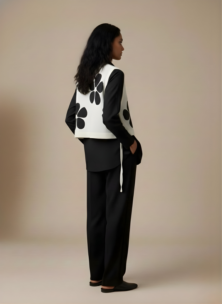 Ivory Petal Vest & Black Shirt Set
