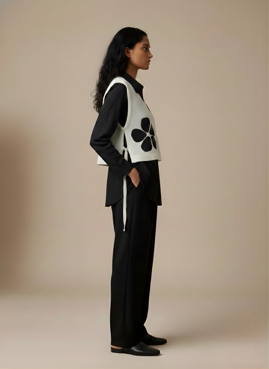 Ivory Petal Vest & Black Shirt Set