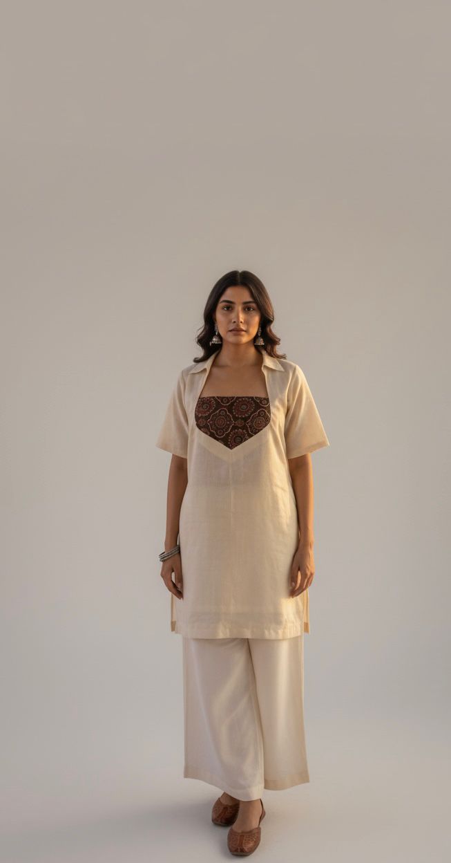 Woman wearing a beige kurta with a brown embroidered design on a plain background