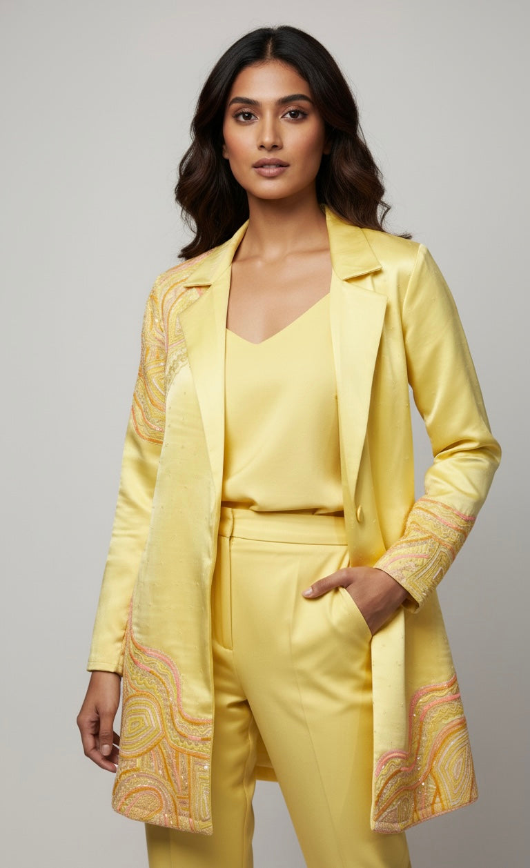 Woman wearing a yellow outfit with intricate patterns on a plain background
