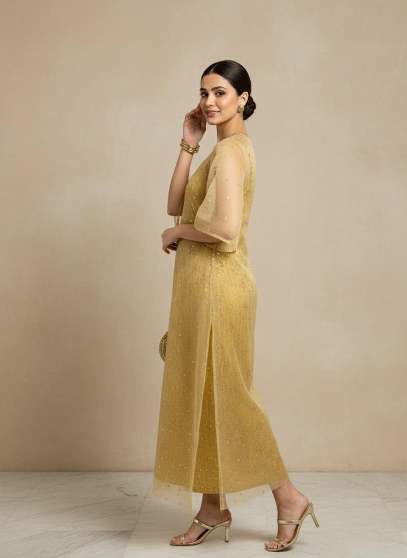 Woman wearing a yellow dress against a beige background