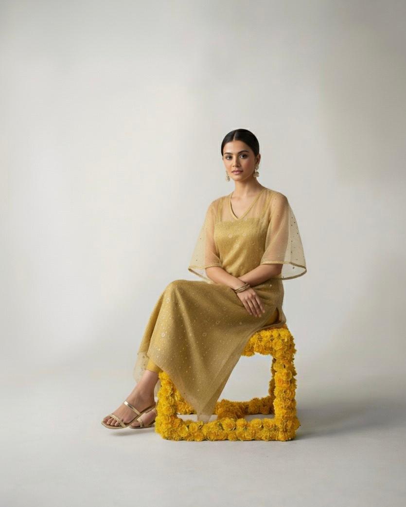 Woman in a yellow dress sitting on a floral-styled stool against a plain background