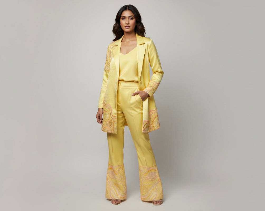Woman wearing a yellow suit on a plain background