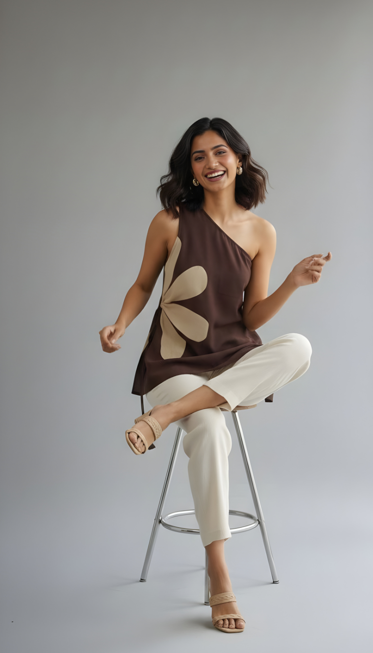 Woman wearing a brown one-shoulder top with abstract appliqué paired with light trousers in a minimal studio setting.