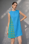 Azure cotton shift dress with contrast check pleated panel