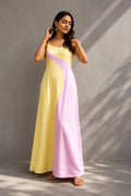 Yellow and pink colorblock maxi dress in natural crepe