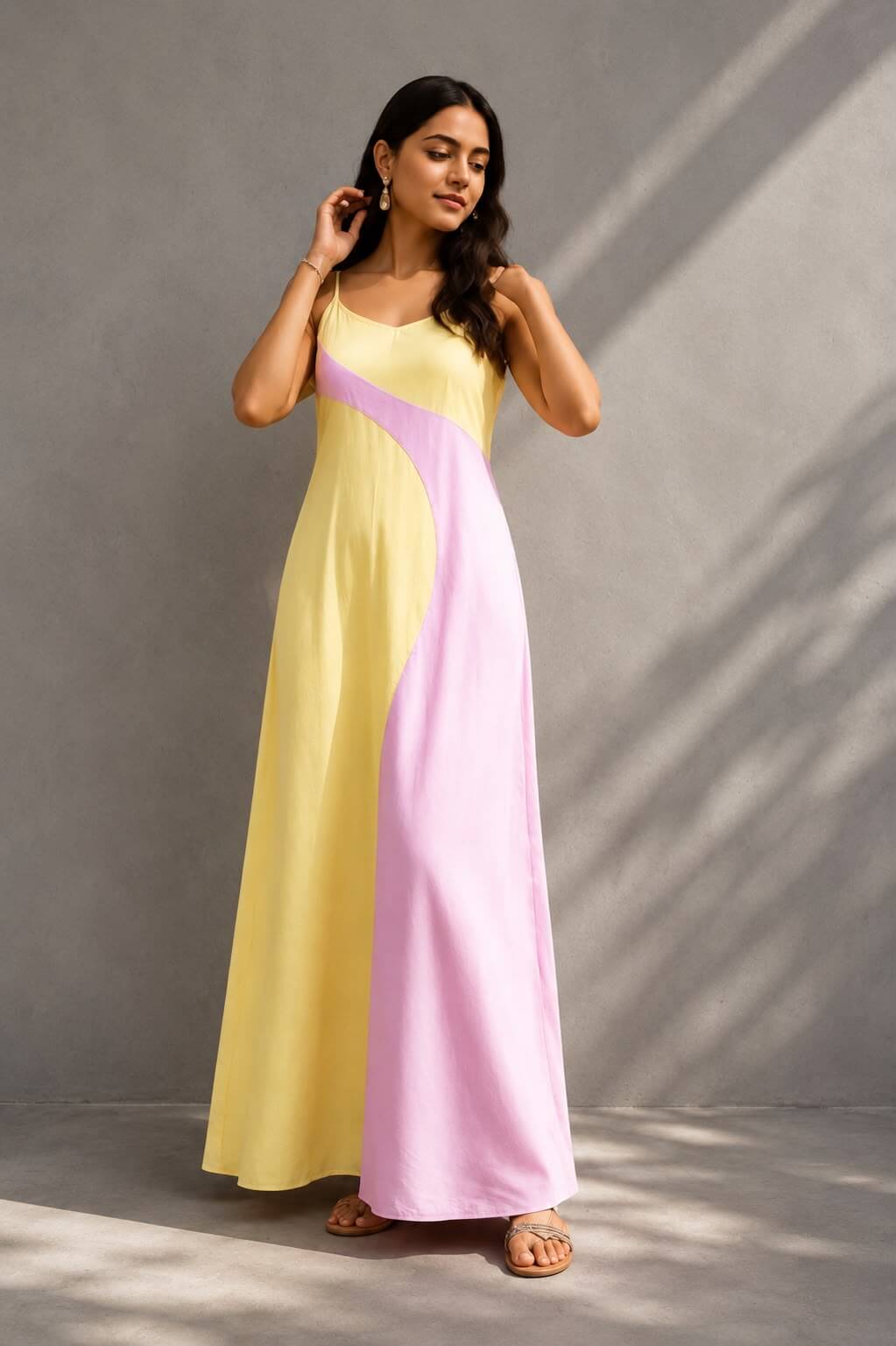 Yellow and pink colorblock maxi dress in natural crepe
