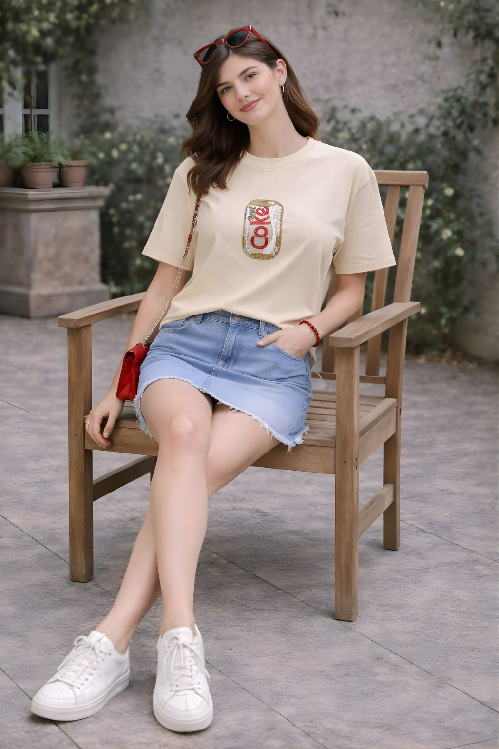 Beige cotton graphic t-shirt for women with Coke embroidered patch paired with denim skirt casual outfit