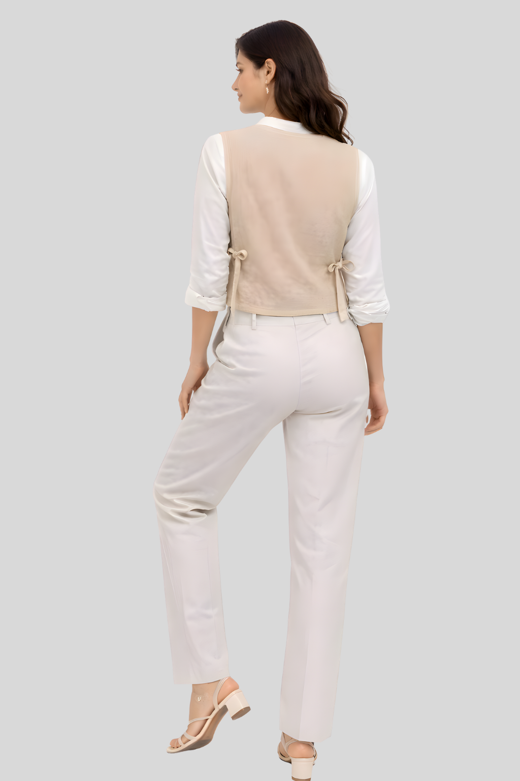 Elegant beige embroidered waistcoat style top for women with side ties