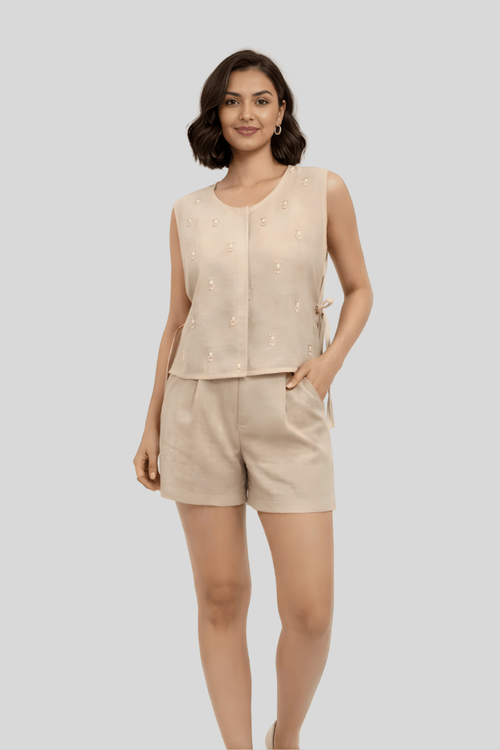 Beige Embellished Sleeveless Vest - Gehru Label
