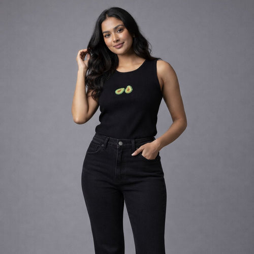 Women’s black ribbed tank with avocado embroidery