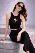 Black sleeveless crop tank top with beer motif detail