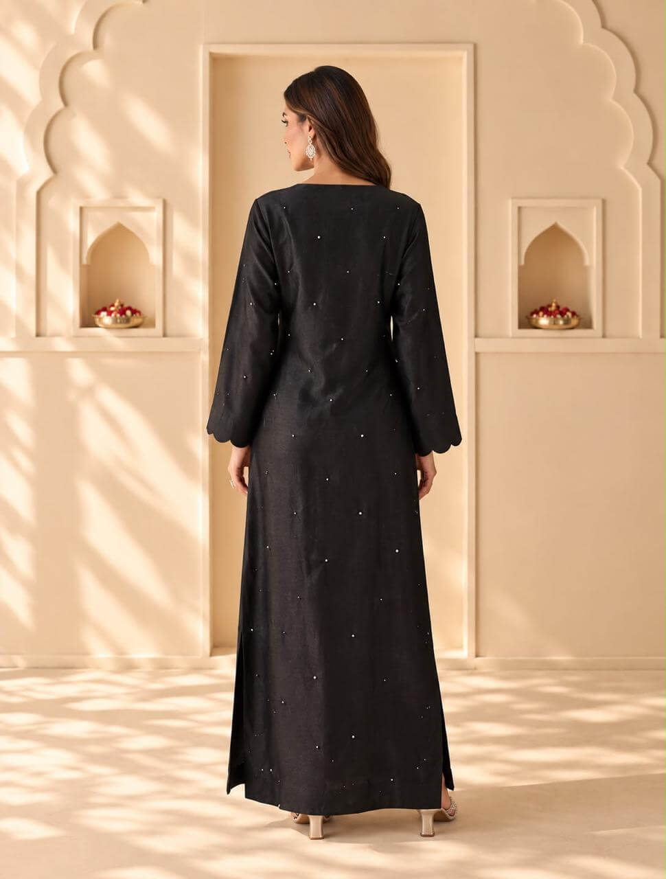 Long black handwork dress for festive and evening wear