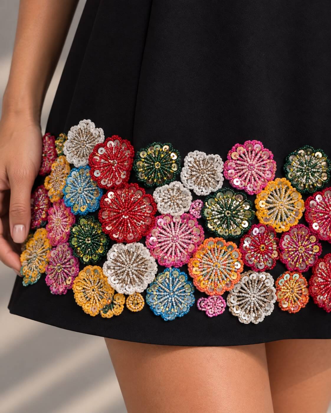 Black mini dress with colorful floral hem embellishment
