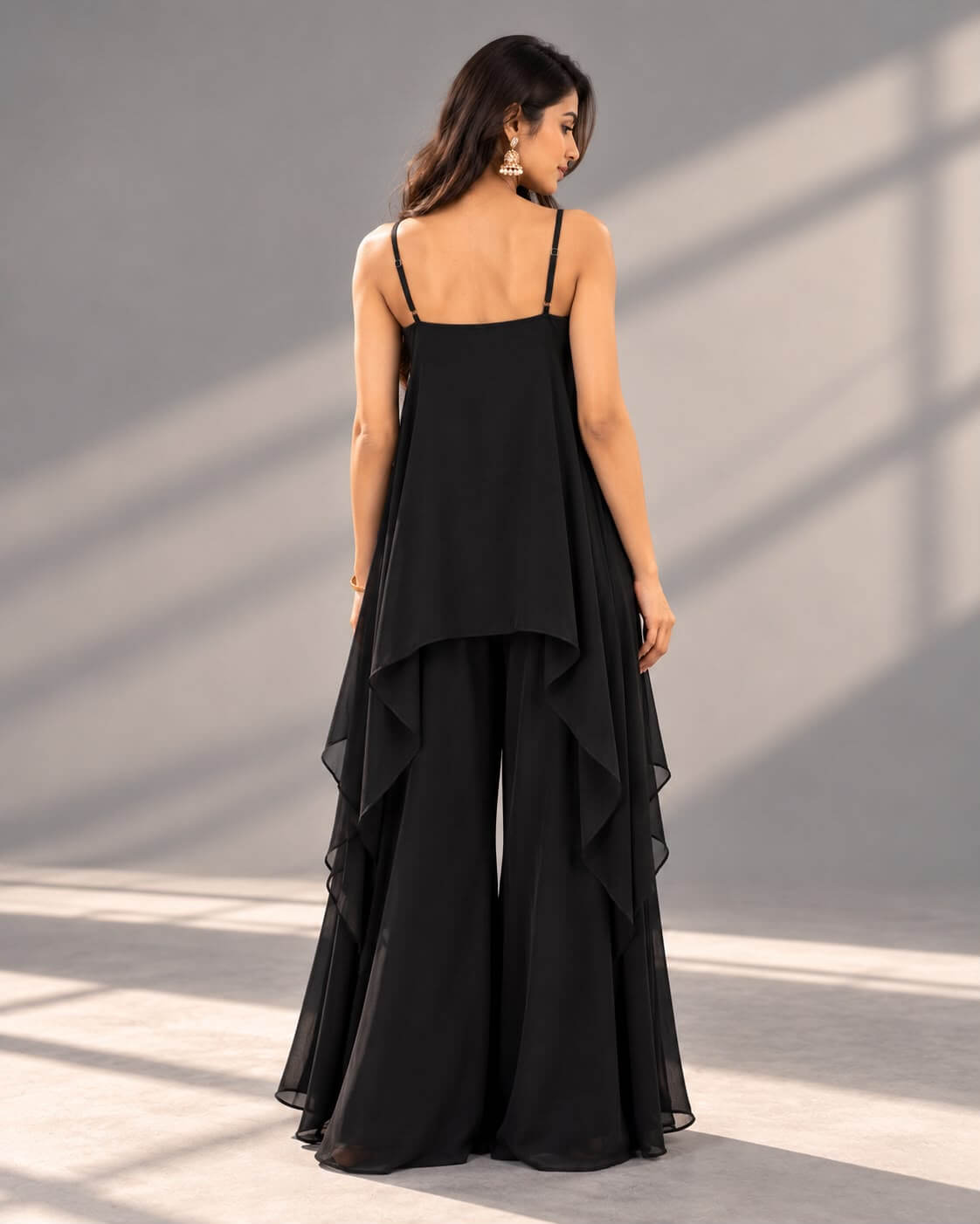 Black organza top and flowing palazzo pants