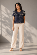 black polka dot sailor collar women’s top with lace detailing