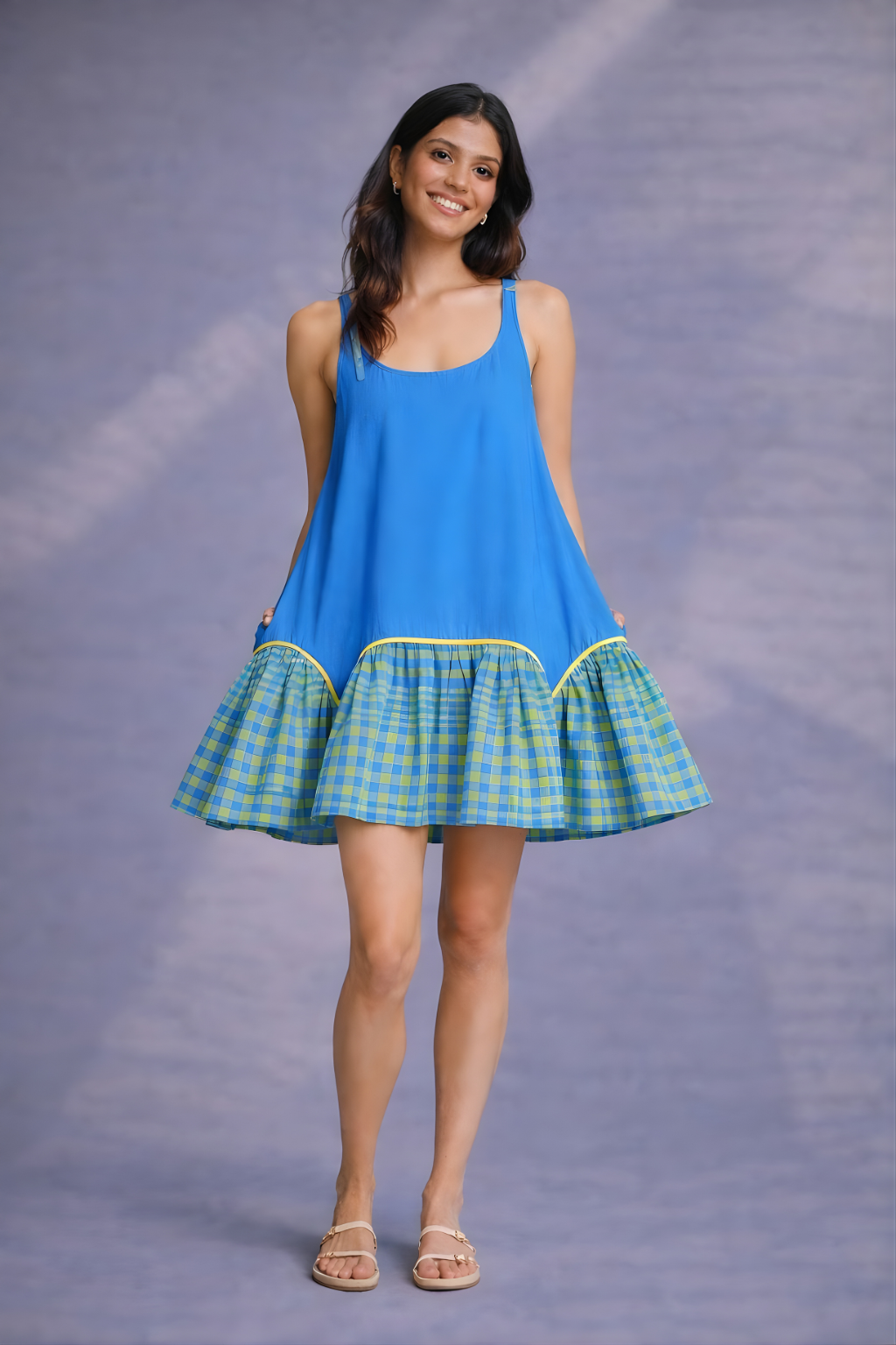 Blue cotton mini dress with contrast checkered hem