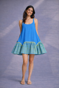 Blue cotton mini dress with contrast checkered hem