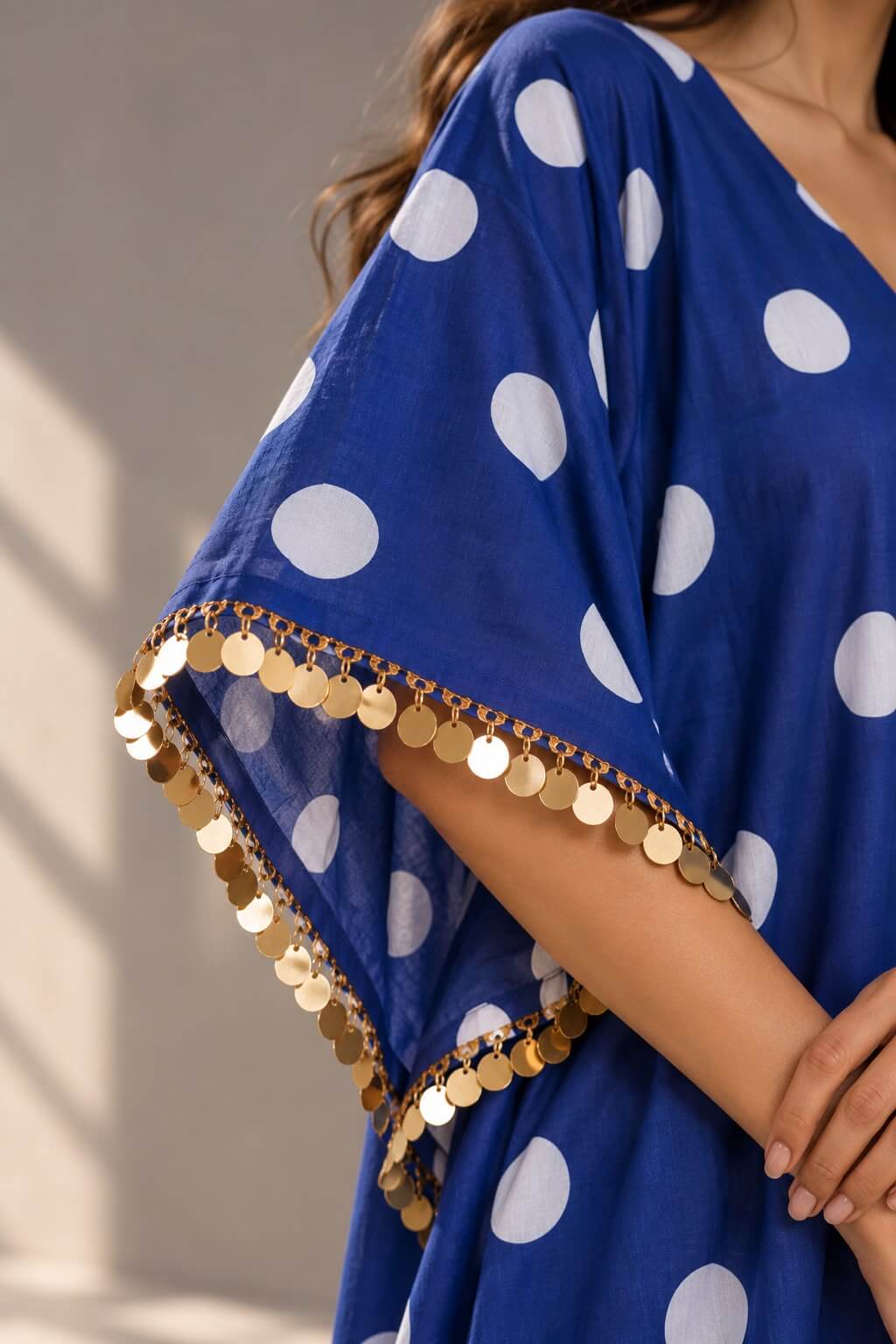 Blue cotton kaftan dress with sequin sleeve detailing