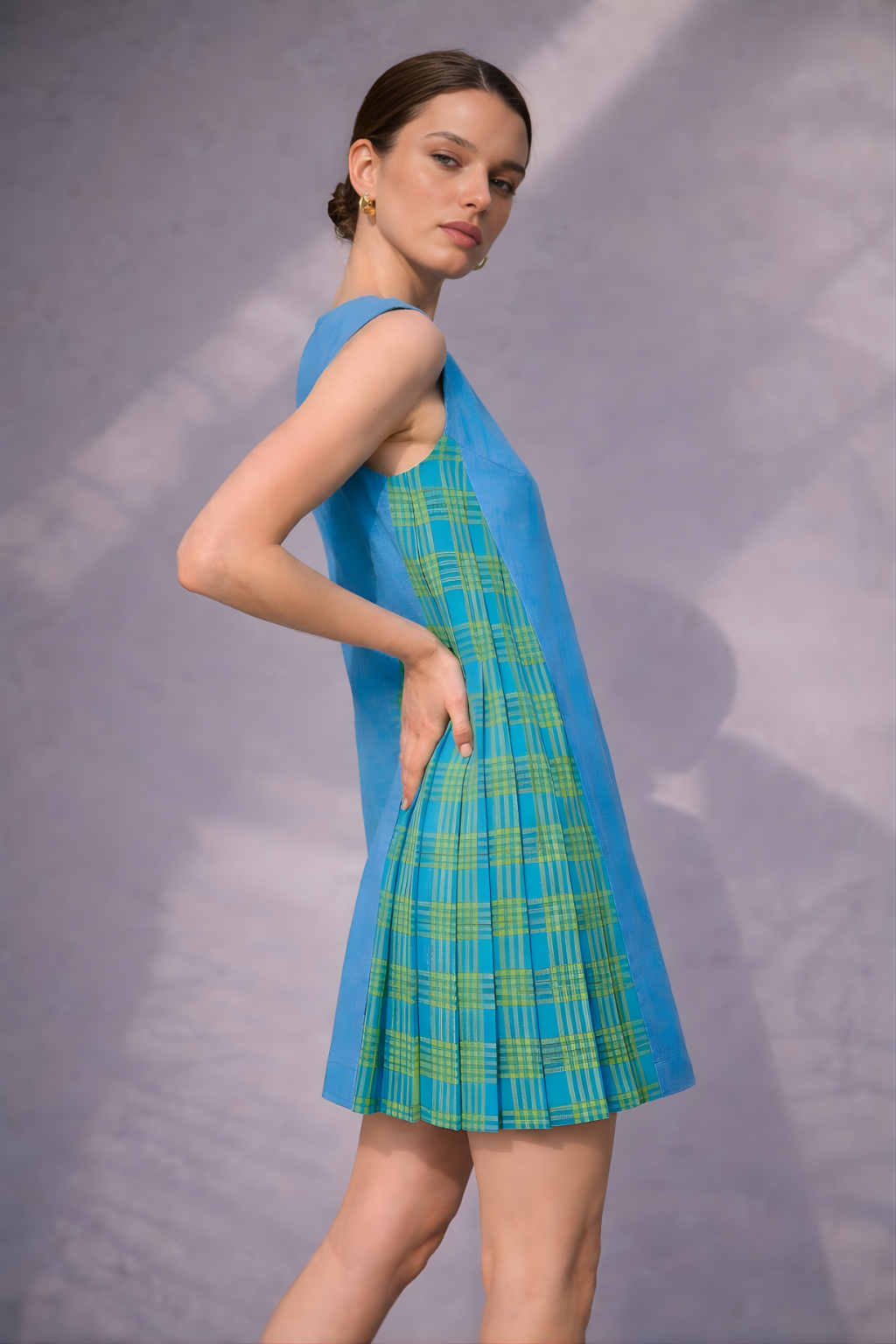 Modern blue cotton dress with asymmetric detailing