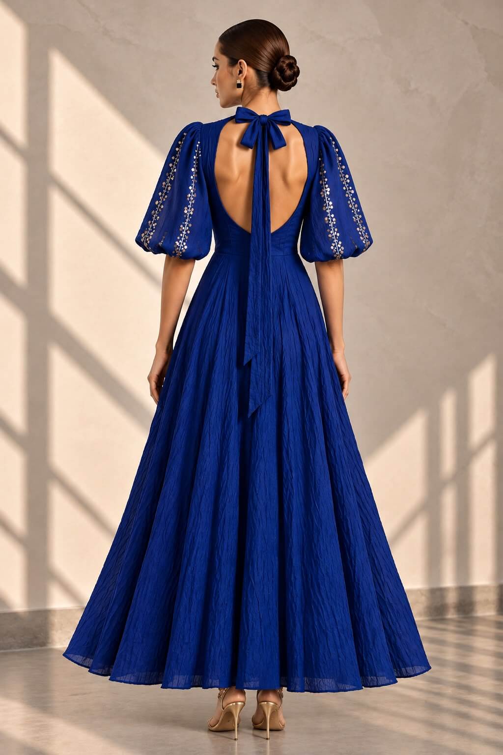 Royal blue cotton slub dress with sweetheart neckline and puff sleeves