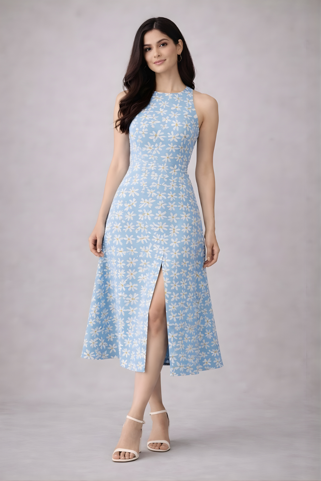 Woman wearing powder blue floral midi dress with front slit and sleeveless design