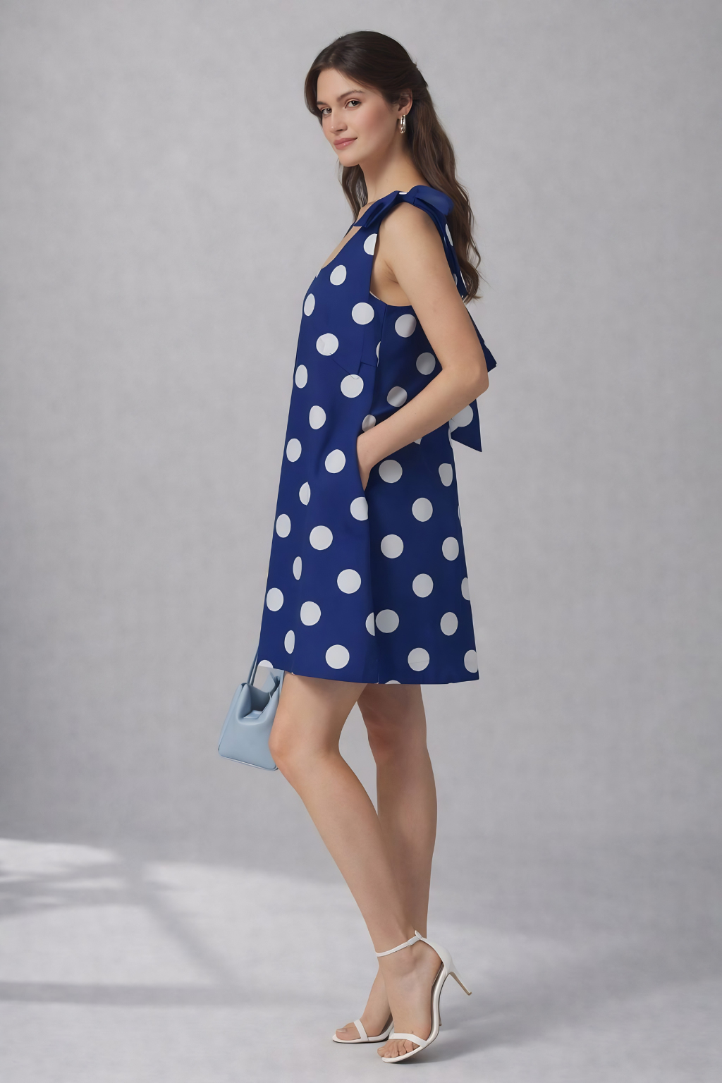 Casual blue polka dot dress outfit with heels