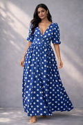 Blue polka dot maxi dress with V-neck and puff sleeves 