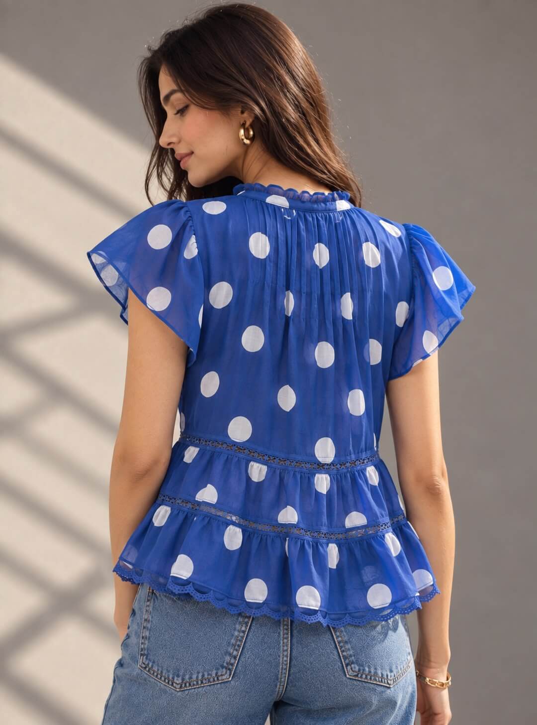 Blue printed cotton top styled with denim