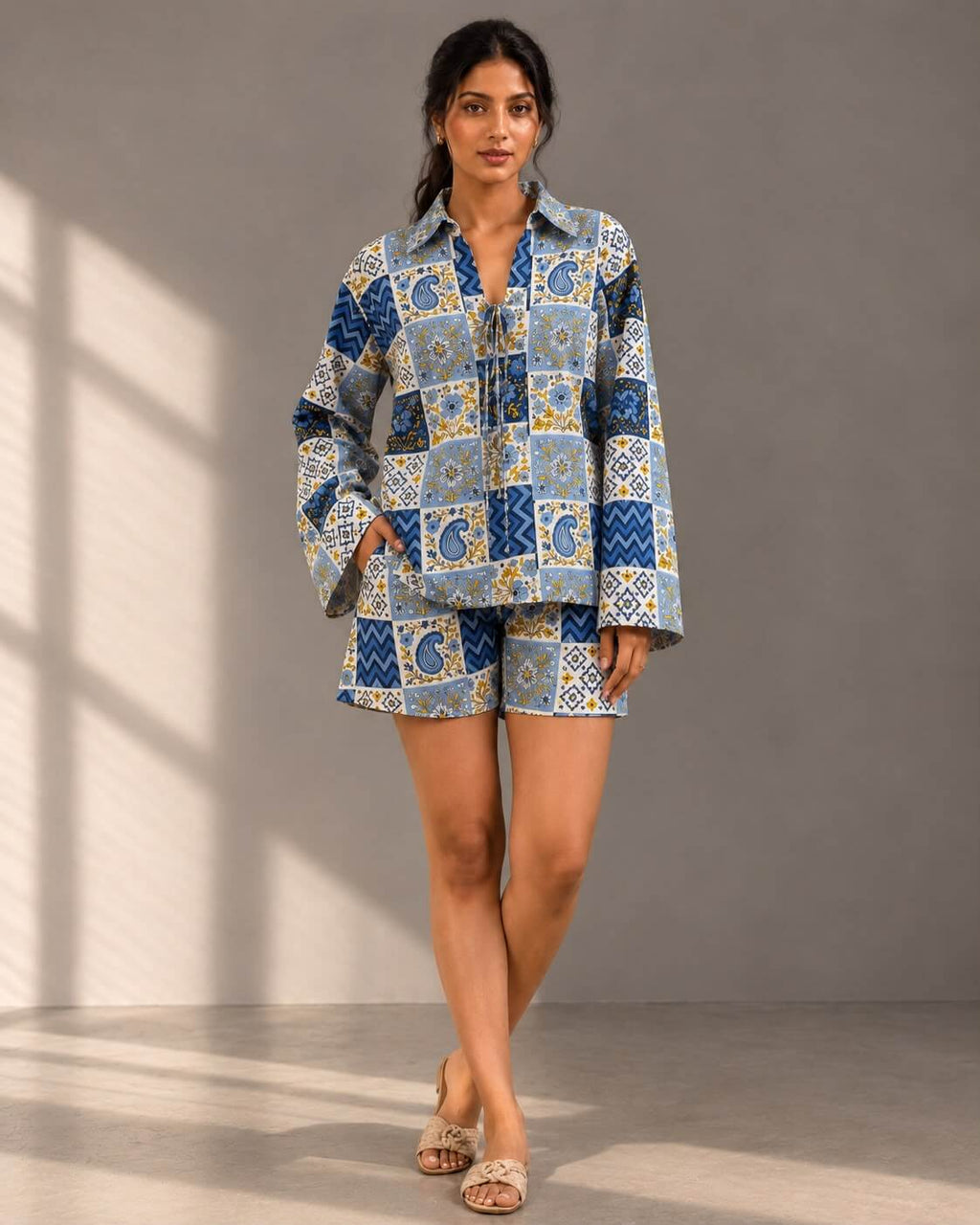 Blue printed co-ord set for women with shirt and shorts