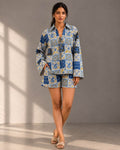 Blue printed co-ord set for women with shirt and shorts