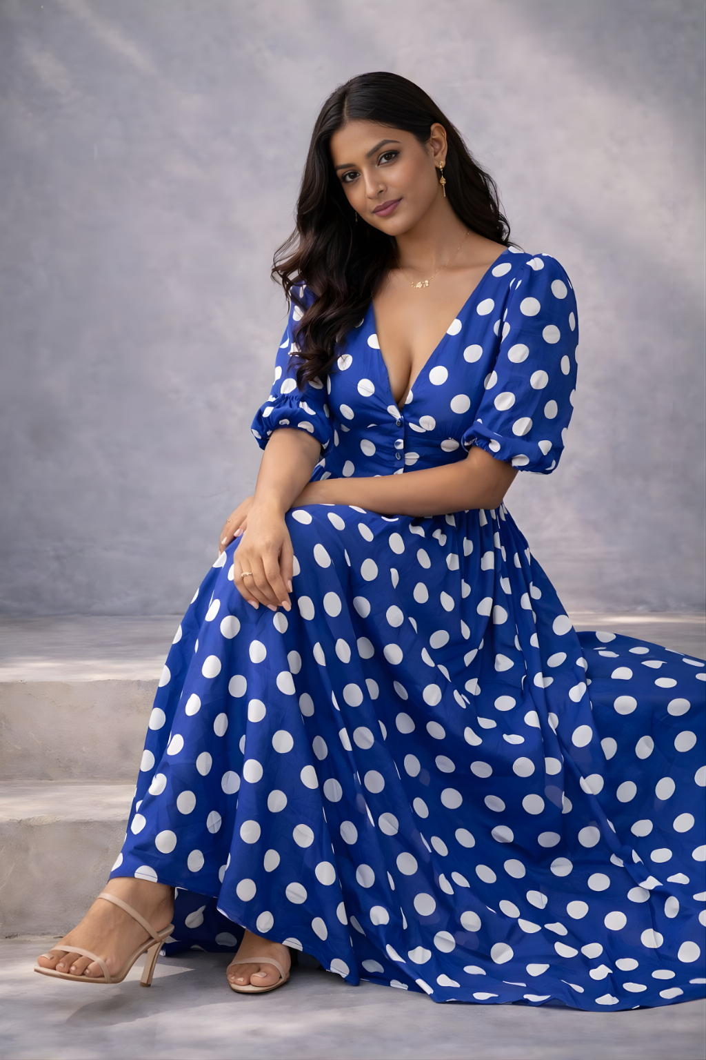Woman wearing a blue polka dot maxi dress with a fitted waist 