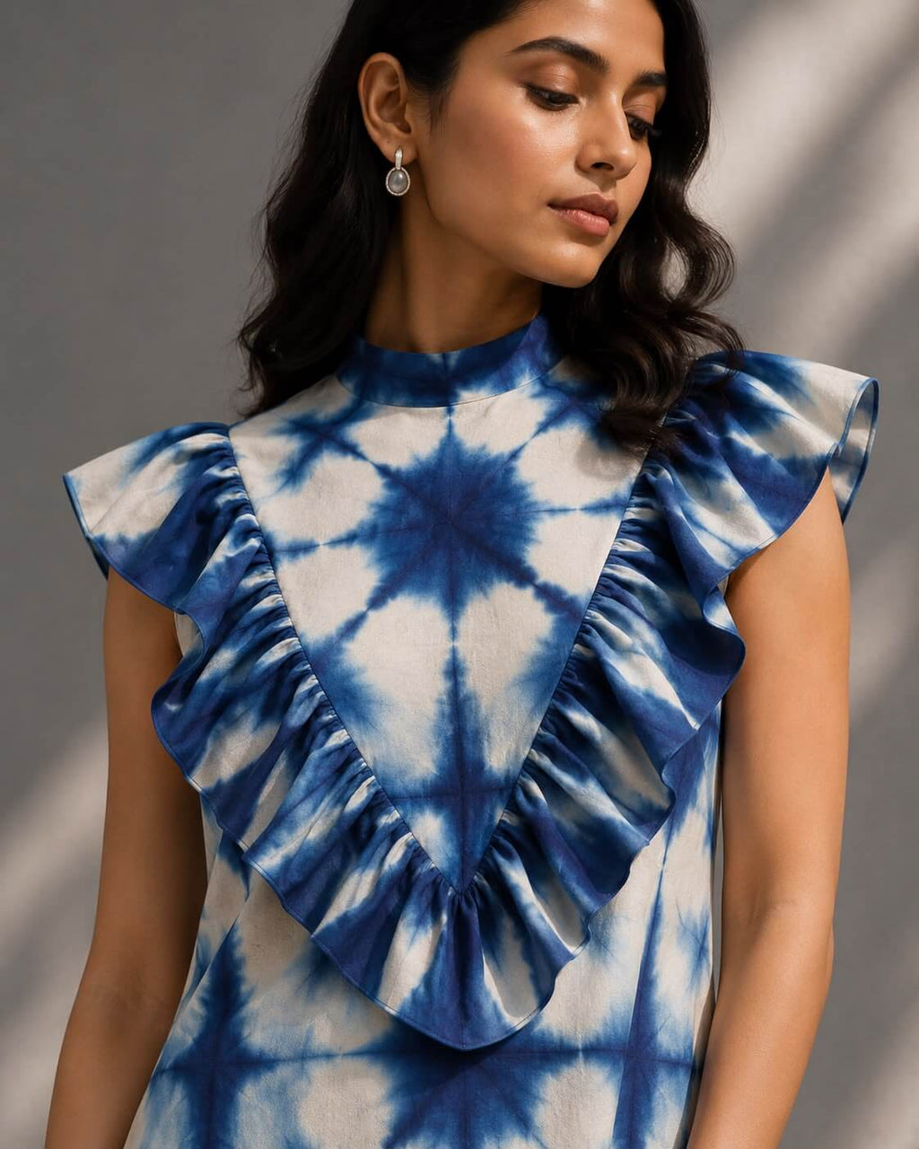 Blue printed maxi dress with statement ruffled bib front