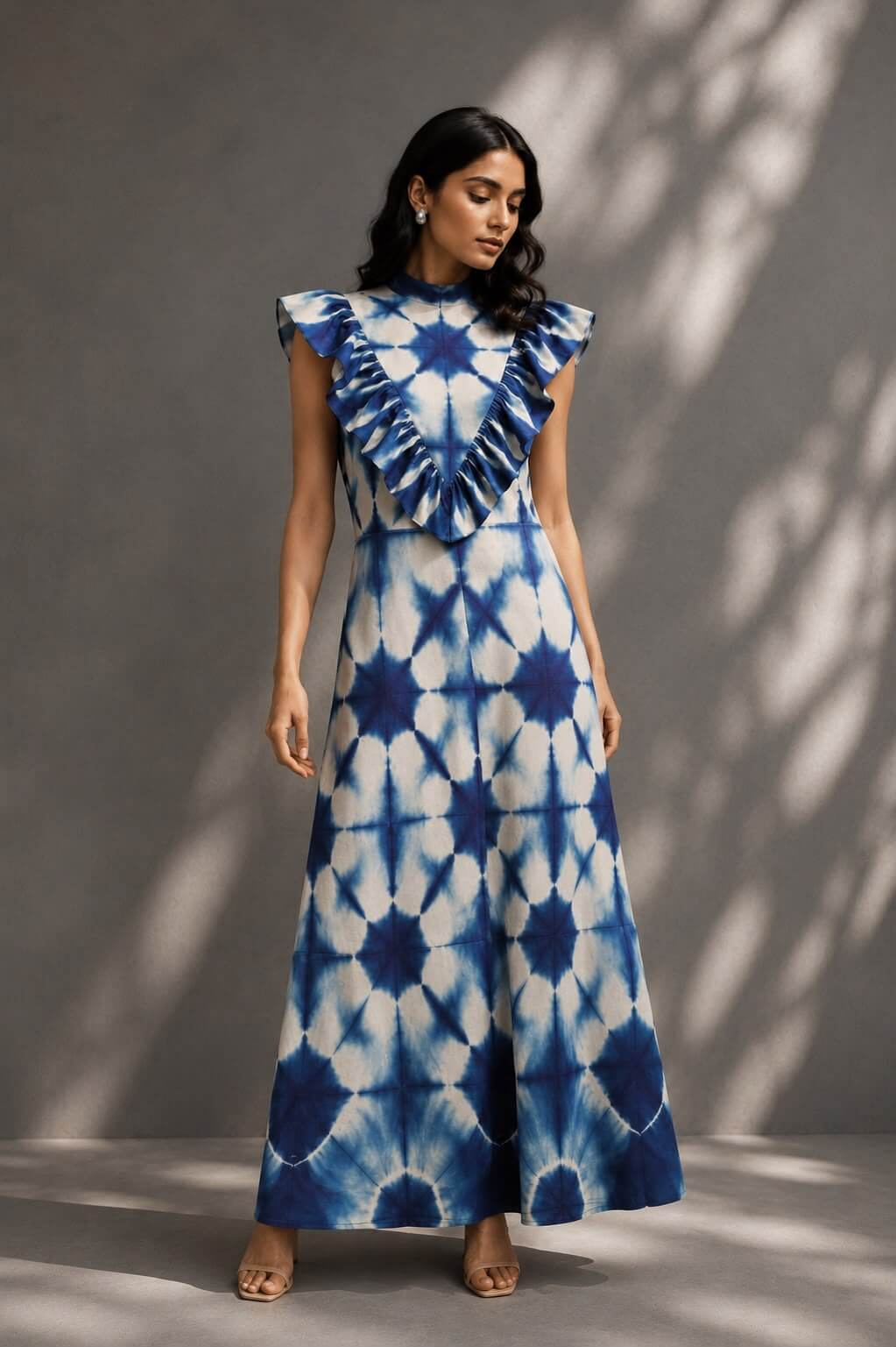 Blue and white tie dye maxi dress with ruffle front detail