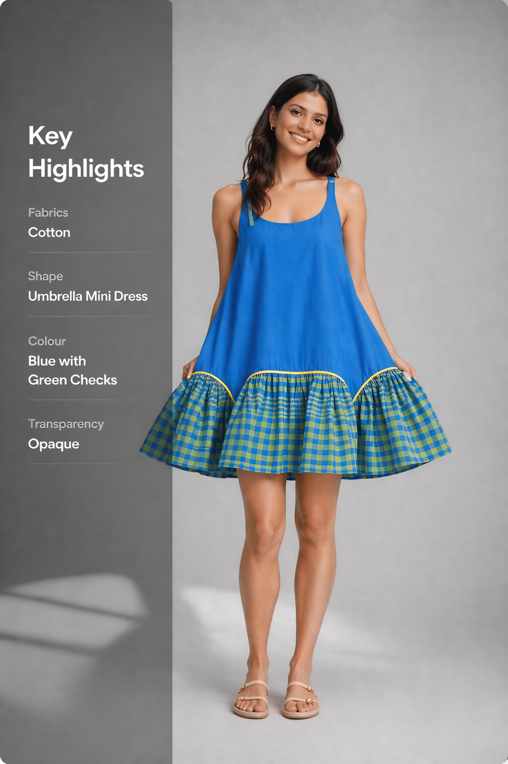 Woman wearing a blue dress with green checks 