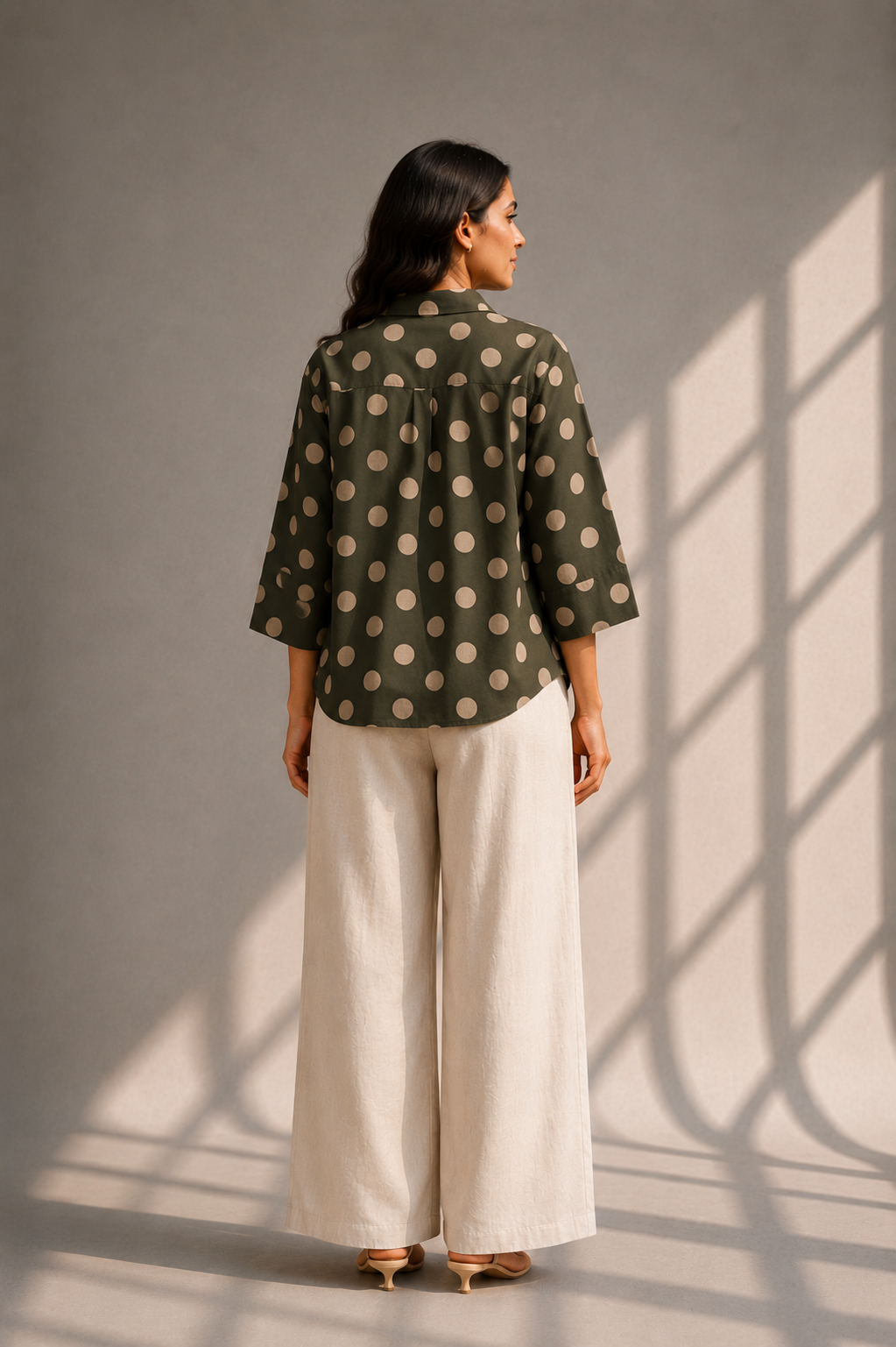 Back view of bottle green beige polka dot casual cotton shirt