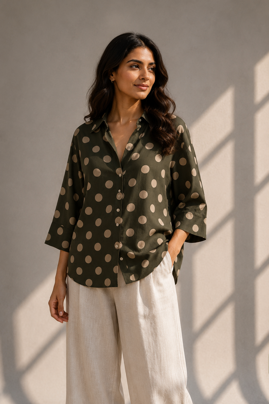 Front view of bottle green polka dot oversized cotton shirt for women