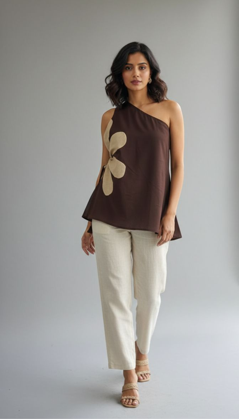 Woman wearing a brown one-shoulder asymmetric top with abstract appliqué detail, styled with beige trousers for a modern elegant look.
