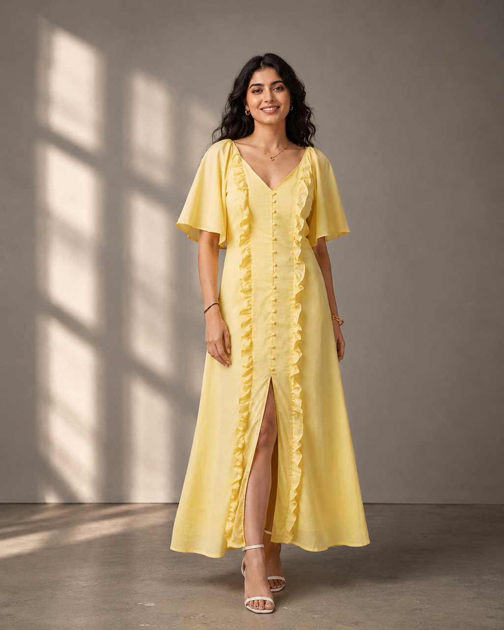 Butter yellow ruffle maxi dress for women with flutter sleeves and front slit, front view.