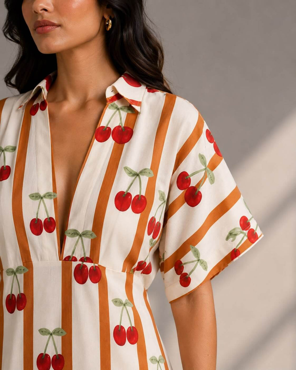 cotton cherry dress with stripes and block print of cherries