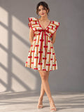  Front view of Cherry Stripe Ruffle Mini Dress with cherry print and layered ruffle sleeves