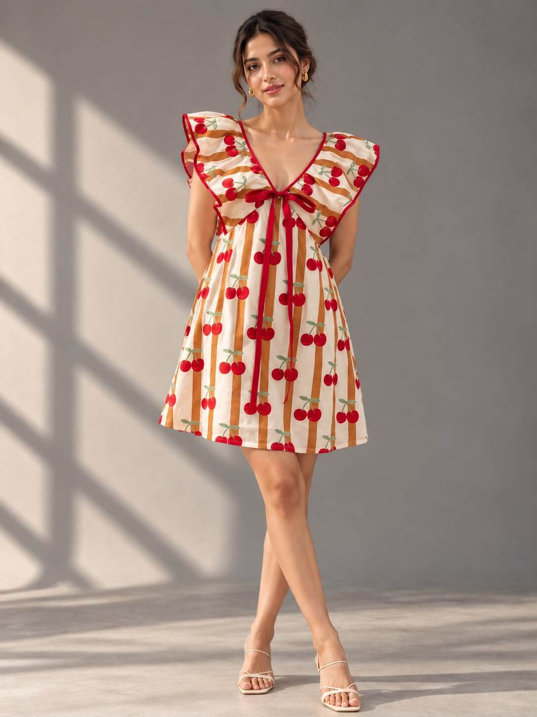  Front view of Cherry Stripe Ruffle Mini Dress with cherry print and layered ruffle sleeves