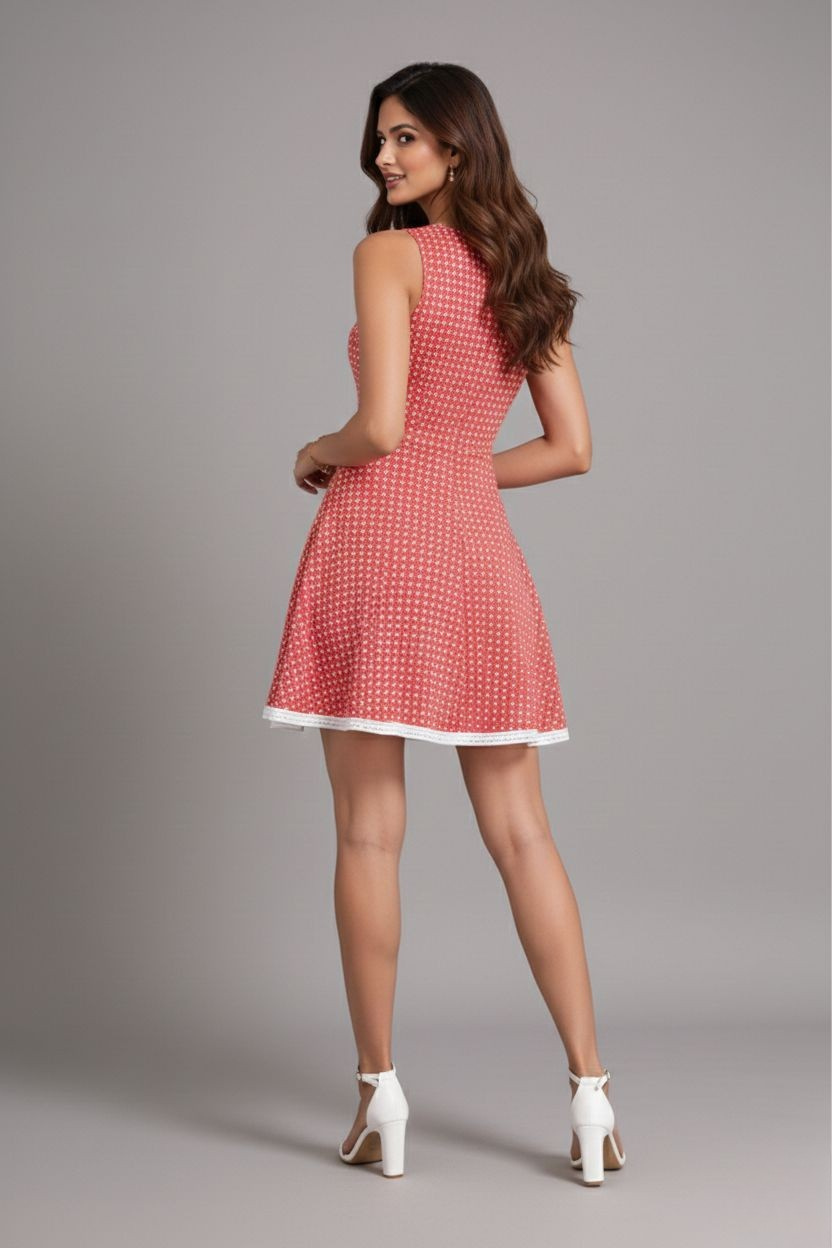 Sleeveless coral check dress with white hem detail