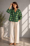 Green floral check cotton blouse for women front view