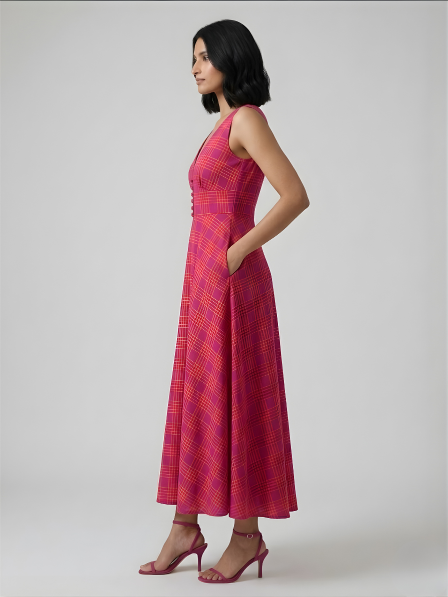 Side view of flowy cotton midi dress with check pattern