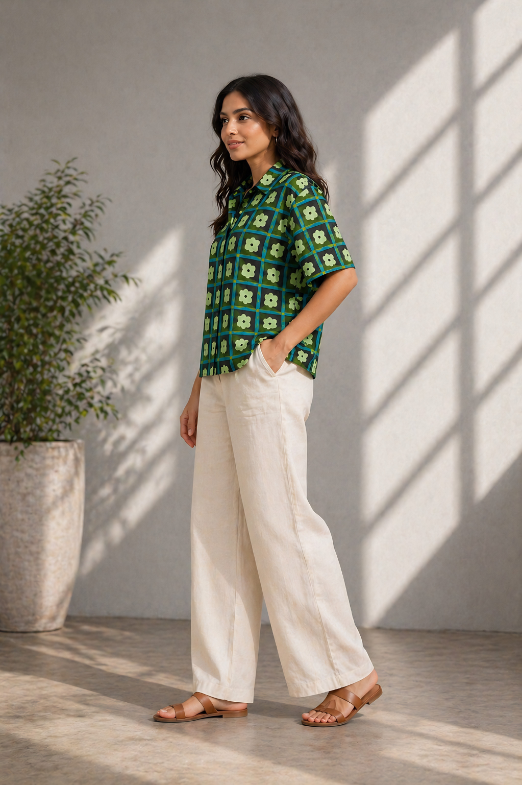 Short sleeve cotton shirt with floral pattern