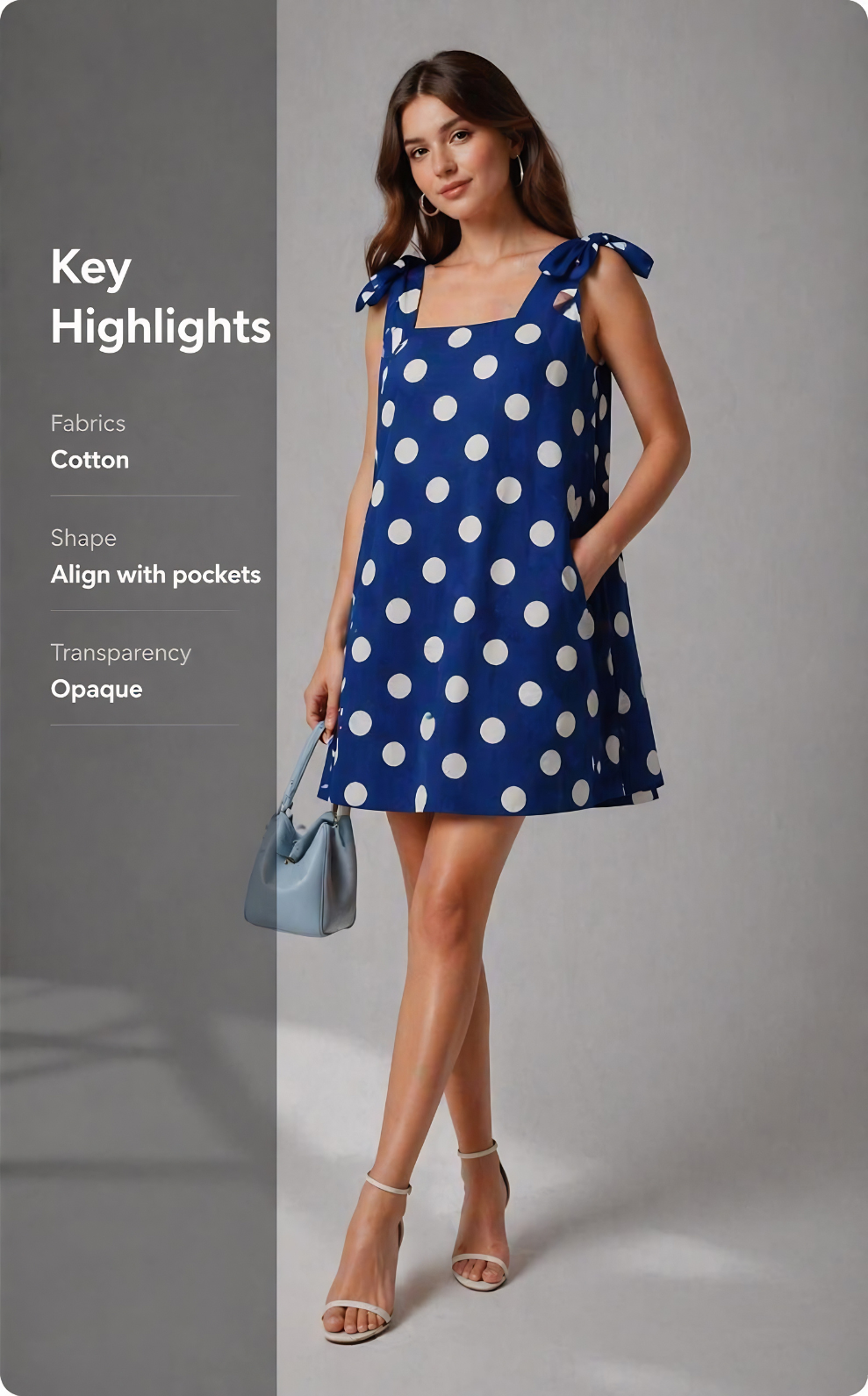 Woman wearing a blue polka dot dress with key highlights text on the side.