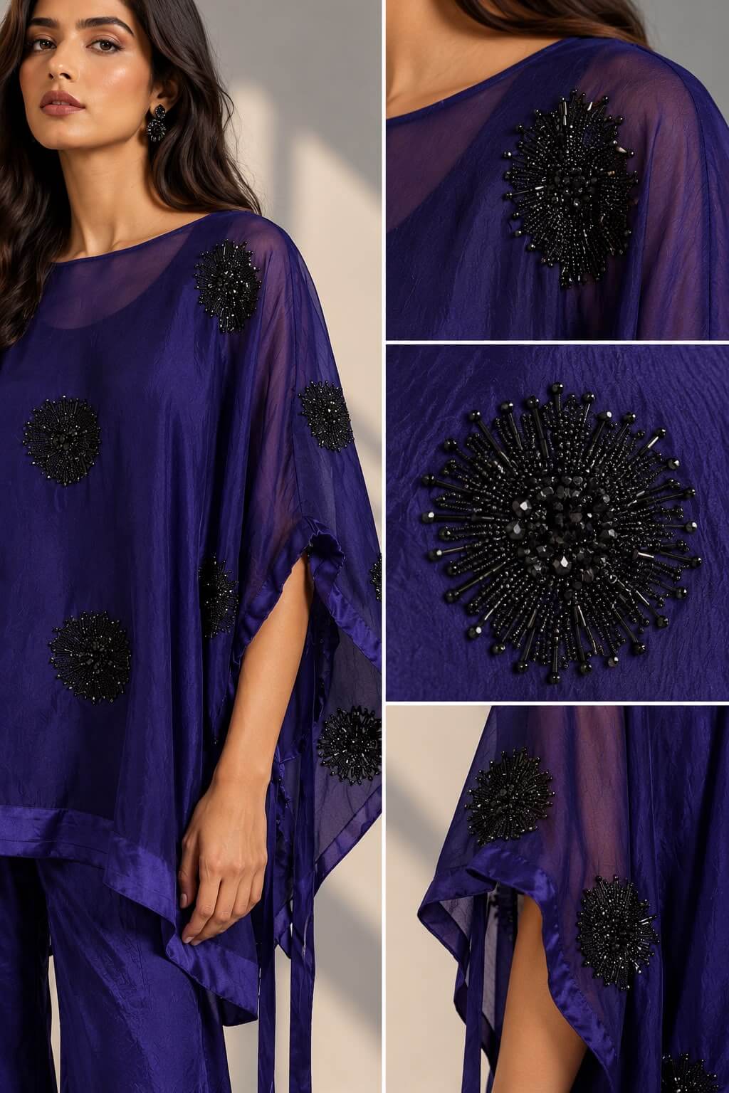 Full-length navy organza co-ord outfit featuring a flowy overlay top, black tubelight work and matching wide-leg pants.