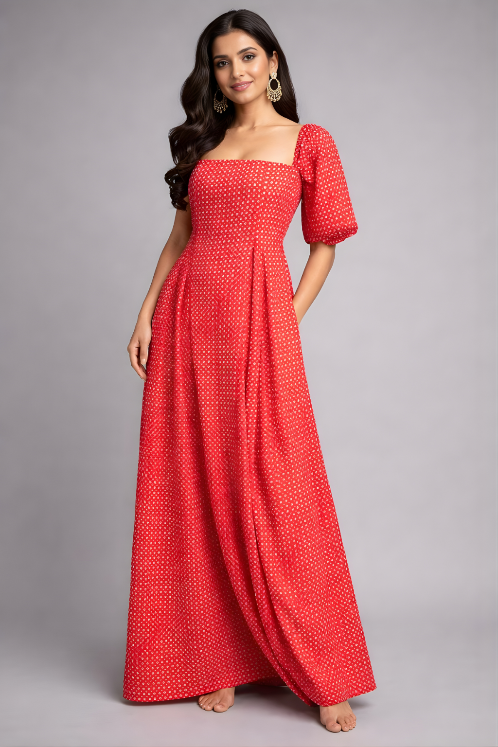 Strapless red maxi dress with subtle check pattern and optional sleeves