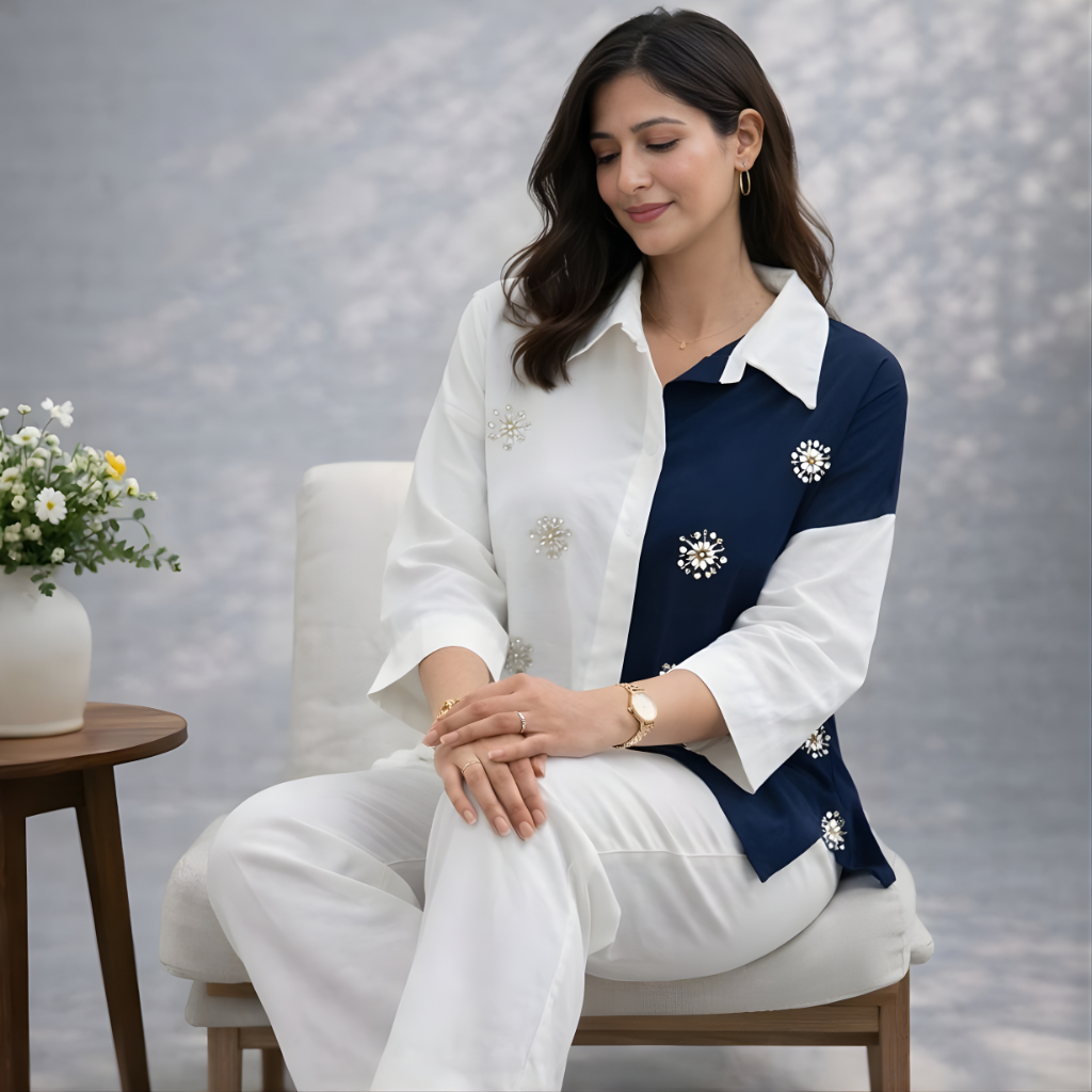 Elegant embroidered women’s shirt in navy and white